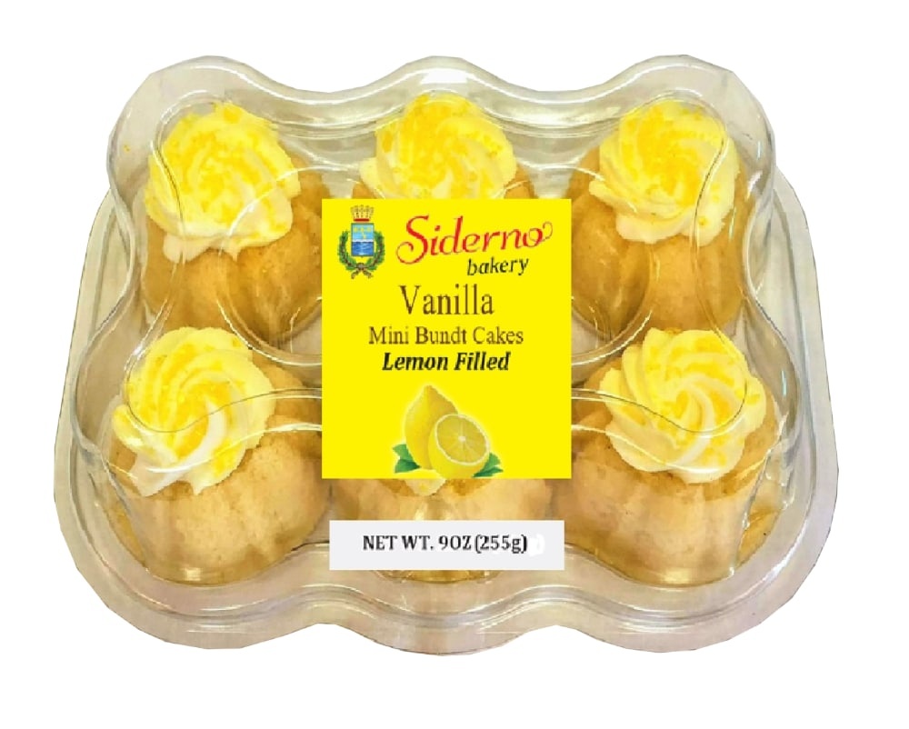 slide 1 of 1, Siderno Bakery Vanilla Lemon Filled Mini Bundt Cakes 6 Count, 9 oz