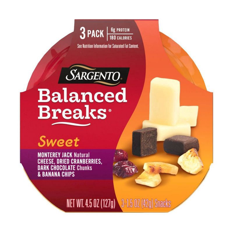 slide 1 of 30, Sargento Sweet Balanced Breaks Monterey Jack Natural Cheese, Dried Cranberries, Dark Chocolate Chunks & Banana Chips, 3-Pack, 3 ct