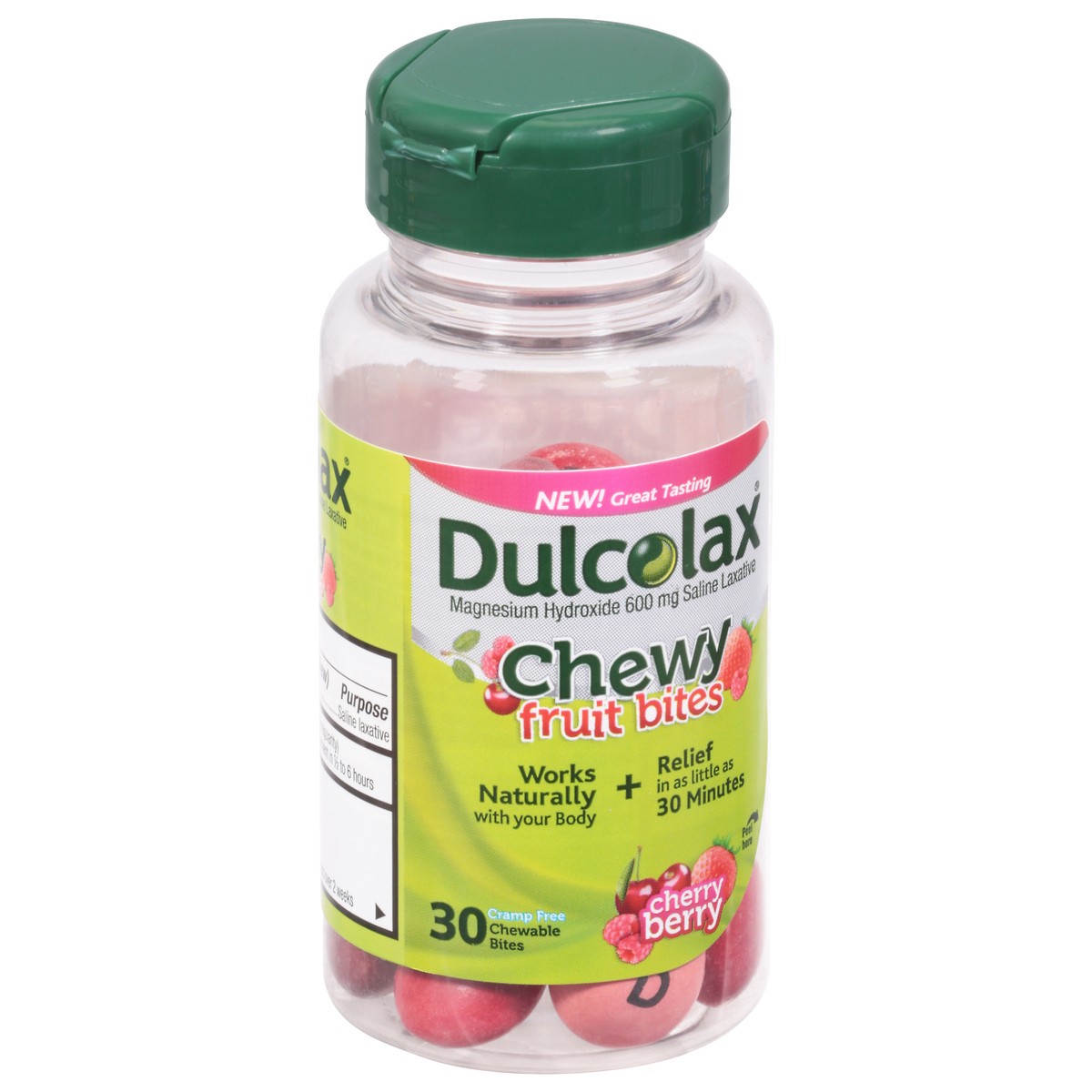 slide 6 of 9, Dulcolax Saline Laxative Chewy Fruit Bites, Fast & Gentle Constipation Relief, Cherry Berry Flavor, Magnesium Hydroxide 600 mg, 30 Count, 30 ct