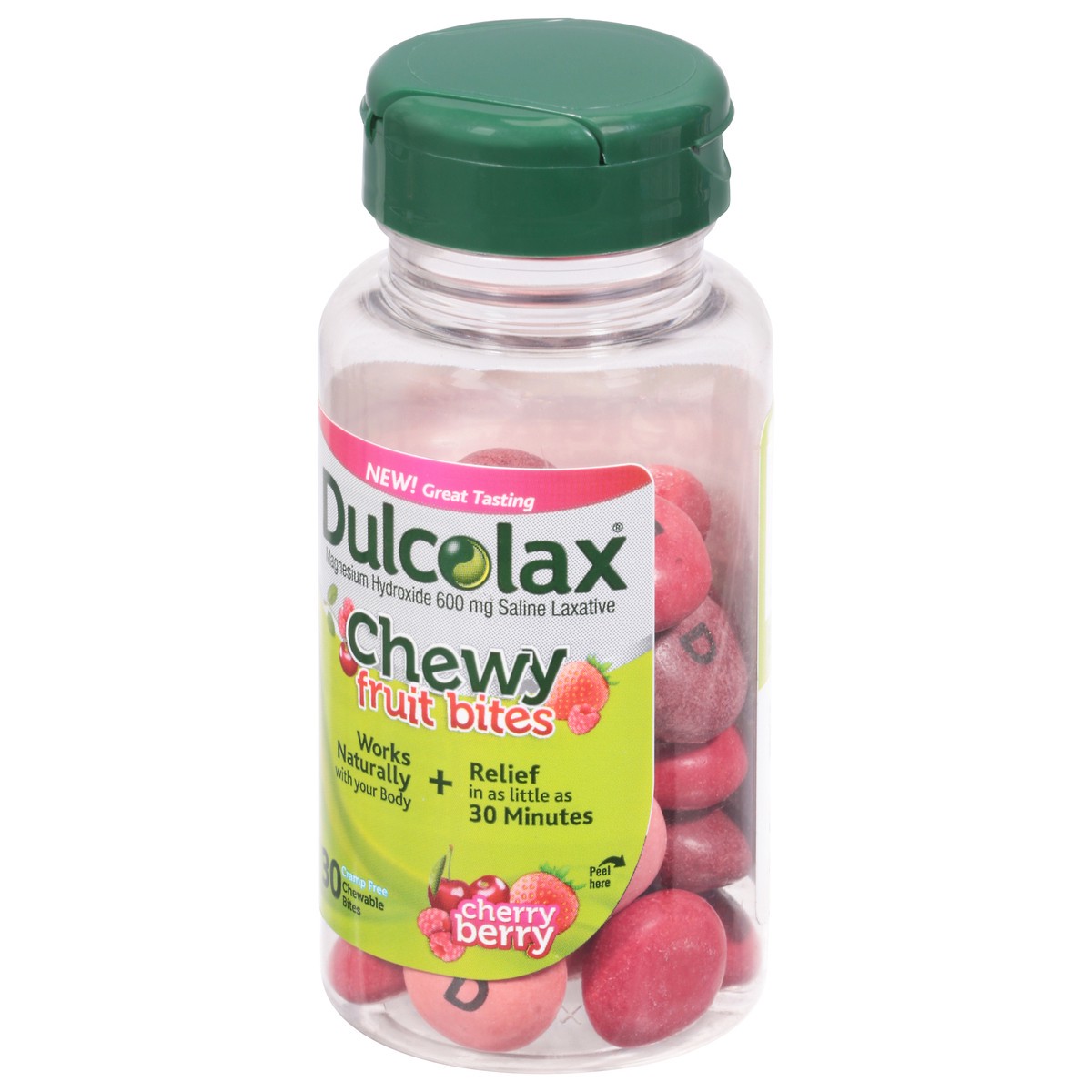 slide 8 of 9, Dulcolax Saline Laxative Chewy Fruit Bites, Fast & Gentle Constipation Relief, Cherry Berry Flavor, Magnesium Hydroxide 600 mg, 30 Count, 30 ct