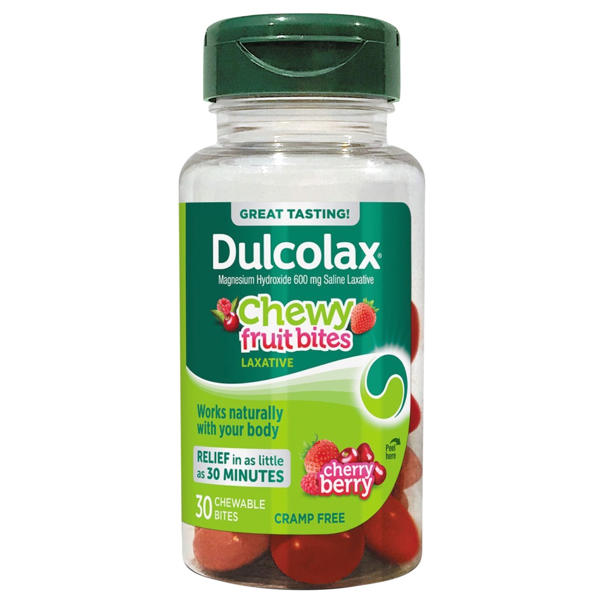 slide 1 of 9, Dulcolax Saline Laxative Chewy Fruit Bites, Cherry Berry, 30 Ct., 30 ct