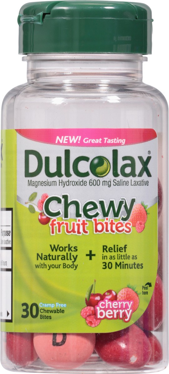 slide 3 of 9, Dulcolax Saline Laxative Chewy Fruit Bites, Fast & Gentle Constipation Relief, Cherry Berry Flavor, Magnesium Hydroxide 600 mg, 30 Count, 30 ct