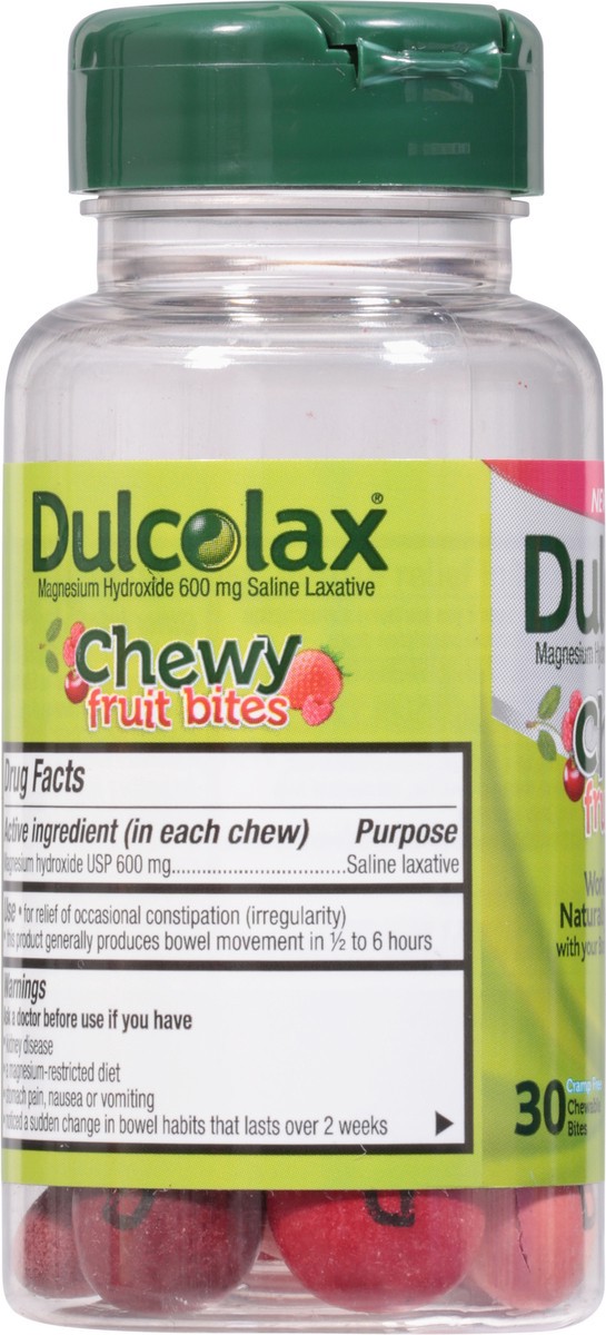 slide 5 of 9, Dulcolax Saline Laxative Chewy Fruit Bites, Fast & Gentle Constipation Relief, Cherry Berry Flavor, Magnesium Hydroxide 600 mg, 30 Count, 30 ct