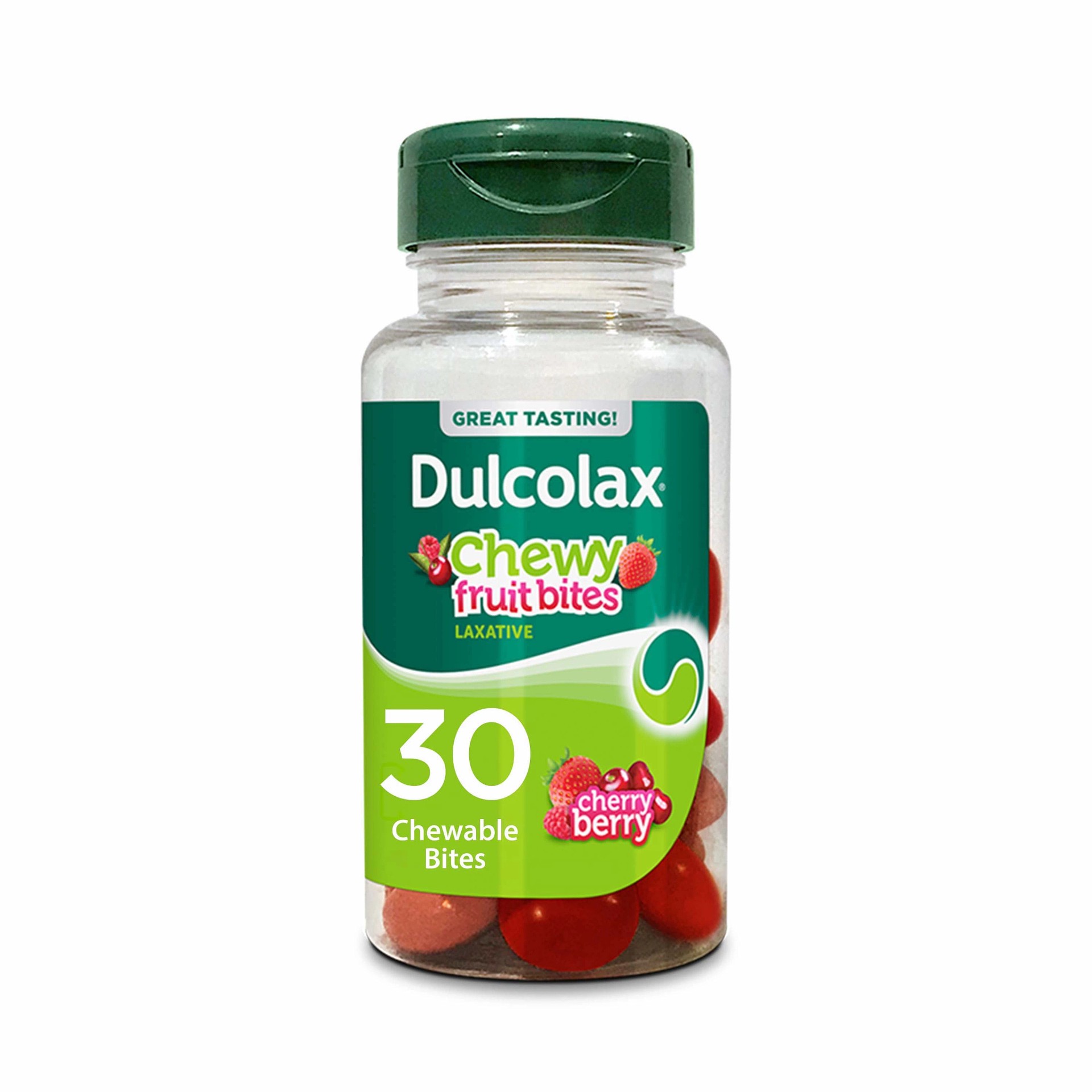 slide 1 of 9, Dulcolax Saline Laxative Chewy Fruit Bites, Fast & Gentle Constipation Relief, Cherry Berry Flavor, Magnesium Hydroxide 600 mg, 30 Count, 30 ct