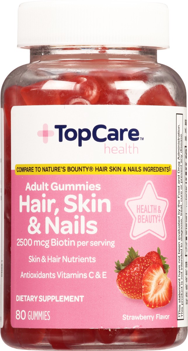 slide 4 of 9, TopCare Health 2500 mcg Strawberry Flavor Hair, Skin & Nails 80 Adult Gummies, 80 ct