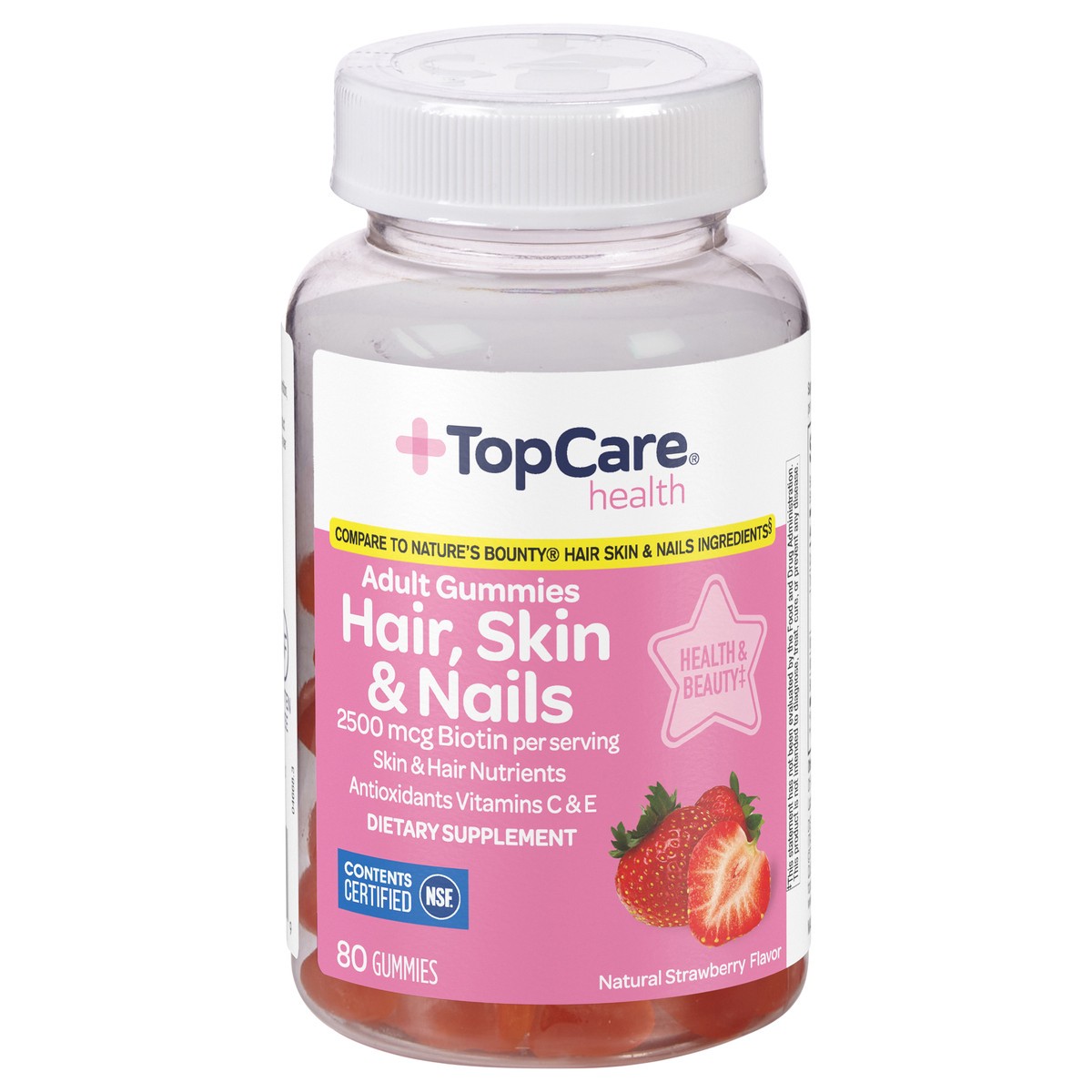 slide 1 of 9, TopCare Health 2500 mcg Strawberry Flavor Hair, Skin & Nails 80 Adult Gummies, 80 ct