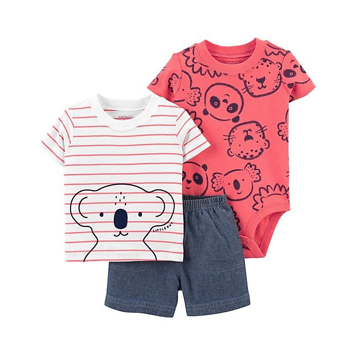 slide 1 of 1, carter's Newborn Koala Short Sleeve Bodysuit, T-Shirt and Short Set - Coral, 3 ct