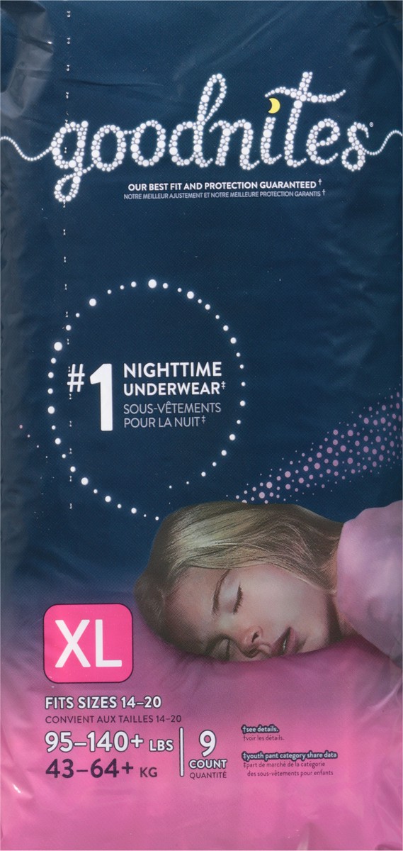 slide 7 of 9, Goodnites Girls' Nighttime Bedwetting Underwear, Size Extra Large (95-140+ lb.), 9 Ct, 9 ct