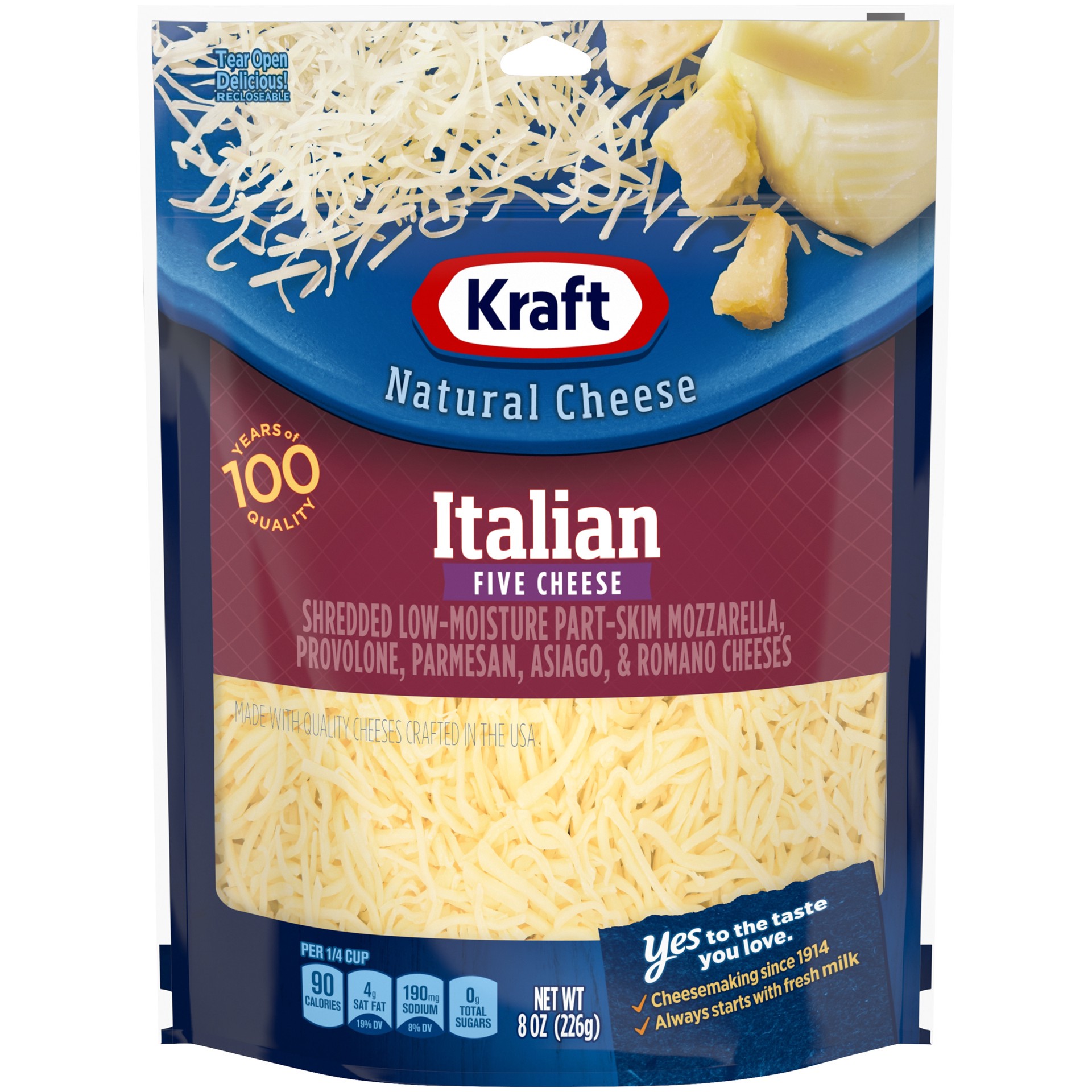 slide 1 of 8, Kraft Italian Five Cheese Blend Shredded Cheese, 8 oz Bag, 8 oz