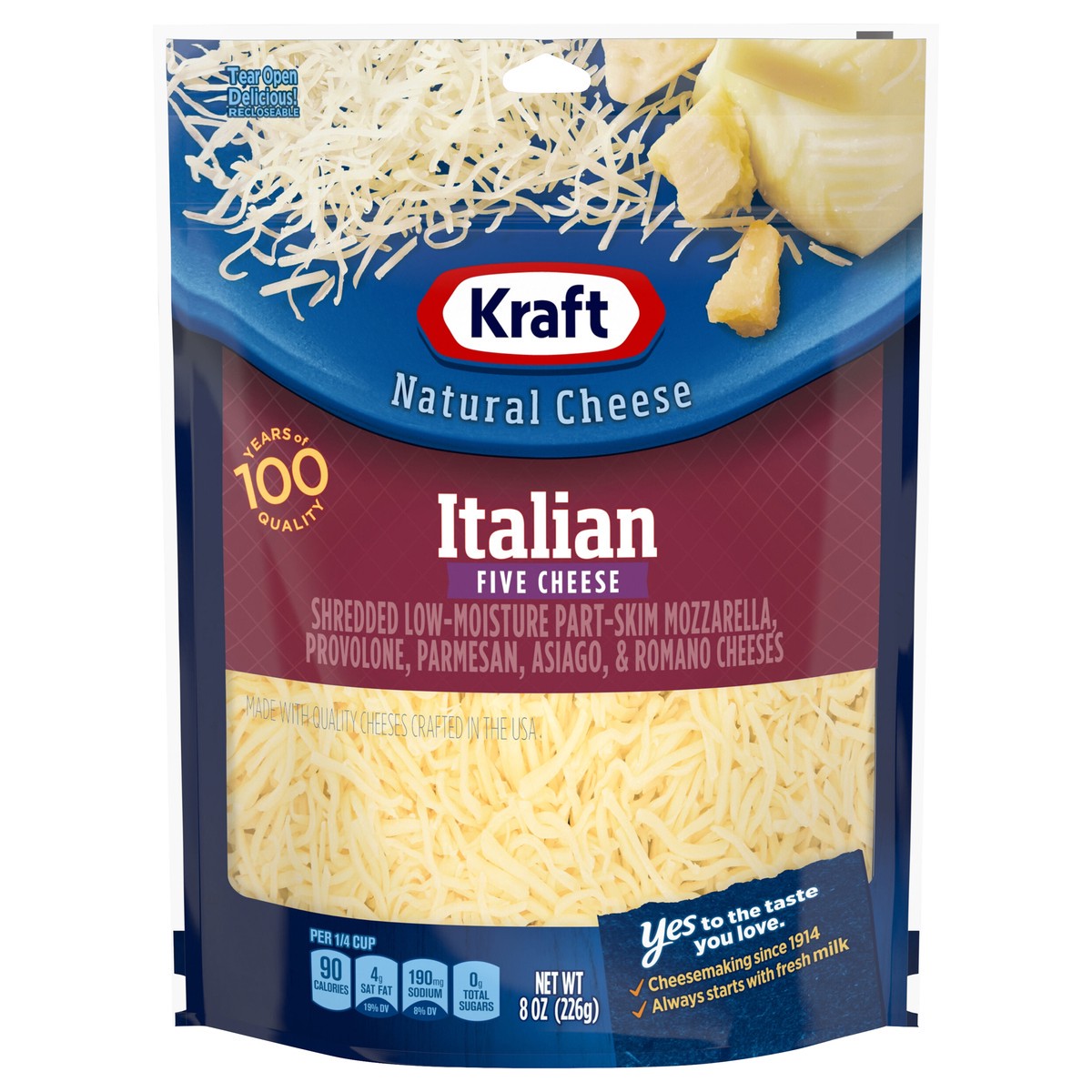slide 1 of 9, Kraft Italian Five Cheese Blend Shredded Cheese, 8 oz Bag, 8 oz
