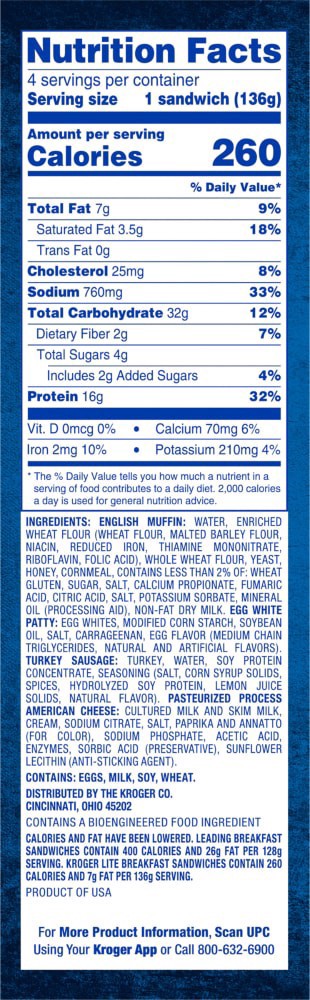 slide 3 of 6, Kroger Lite Turkey Sausage Egg White & Cheese English Muffin, 4 ct / 19.2 oz