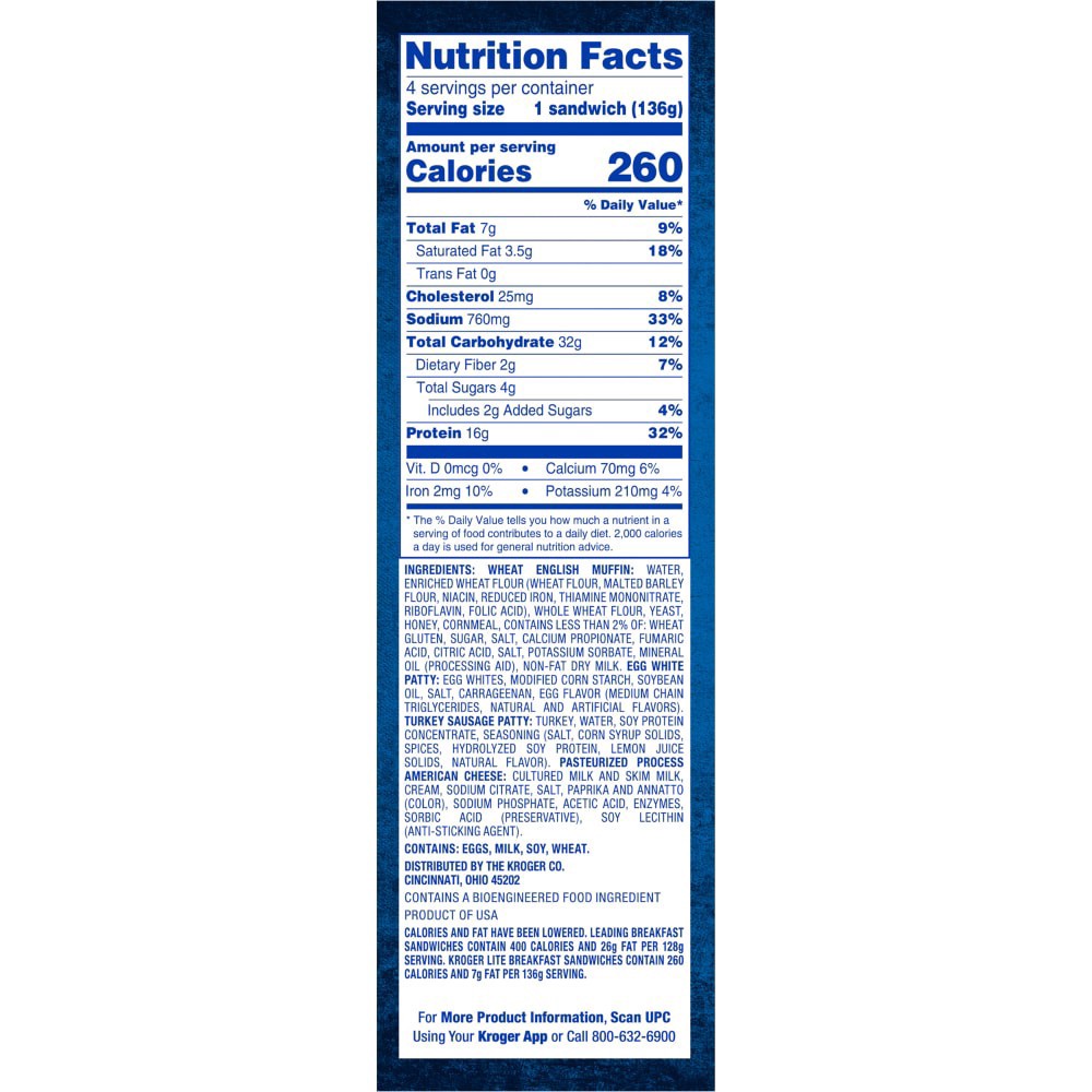 slide 4 of 6, Kroger Lite Turkey Sausage Egg White & Cheese English Muffin, 4 ct / 19.2 oz