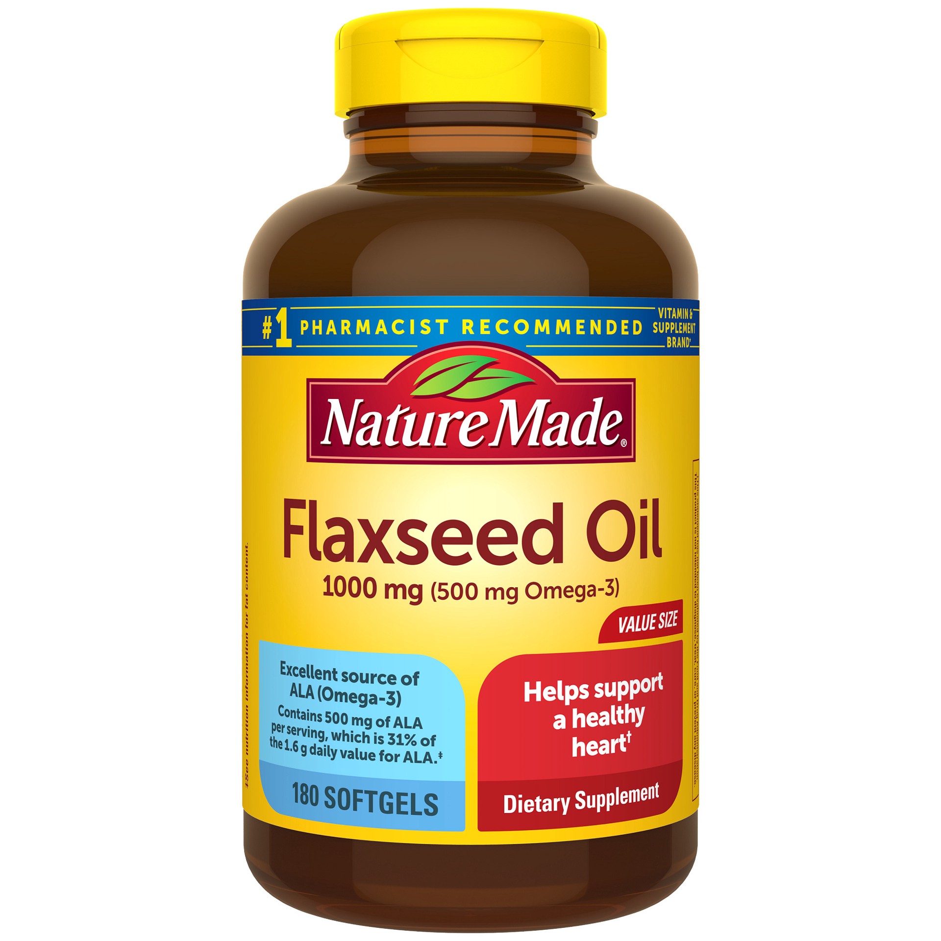 slide 1 of 12, Nature Made Flaxseed Oil 1000 mg, Fish Free Omega 3 Supplement, Dietary Supplement for Heart Health Support, 180 Softgels, 180 Day Supply, 180 ct