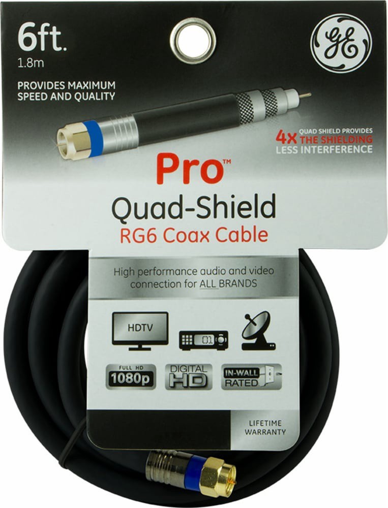 slide 1 of 1, Ge Pro Quad-Shield Rg6 Coax Cable - Black - 6 Foot, 6 ft
