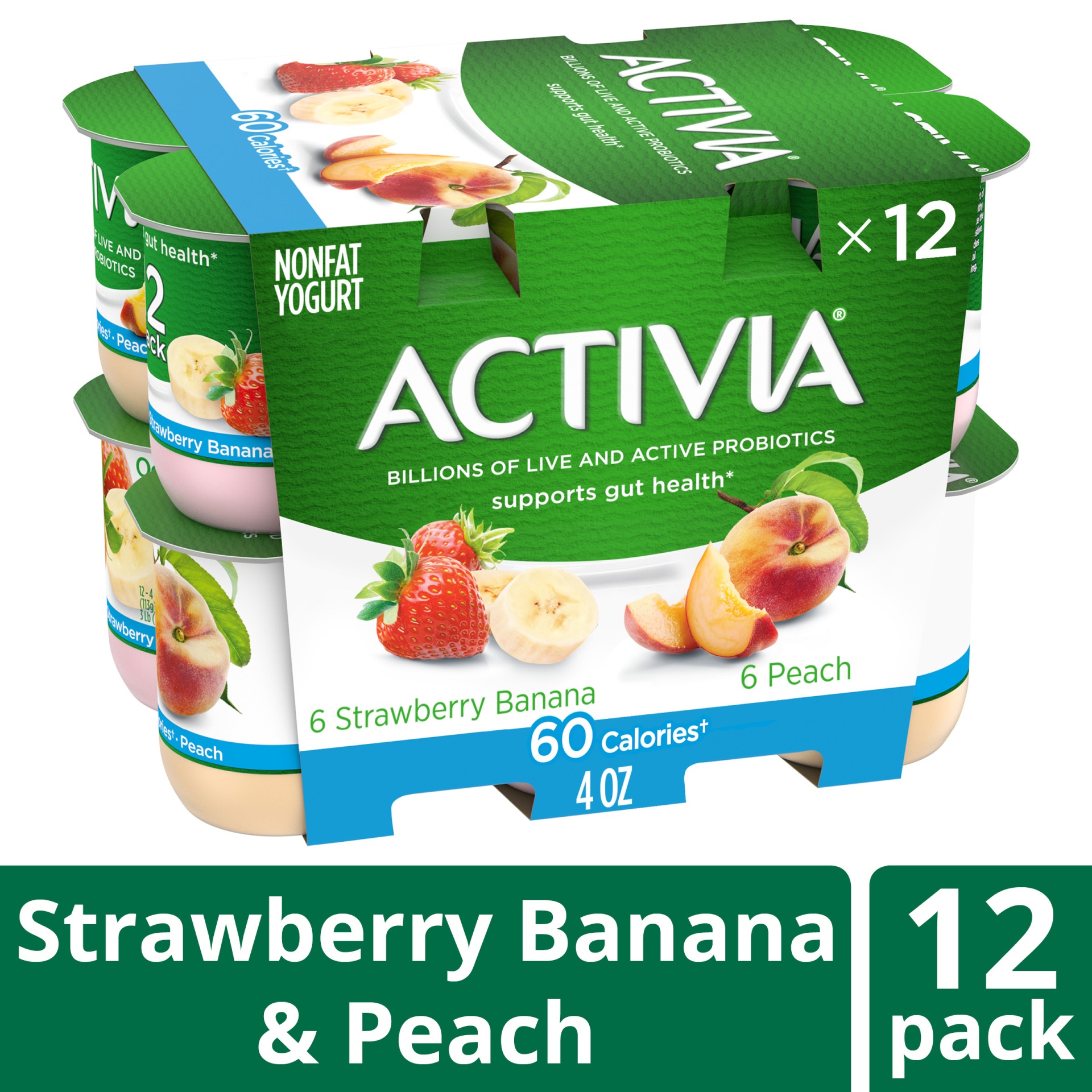 slide 1 of 7, Activia Nonfat Probiotic Strawberry Banana & Peach Variety Pack Yogurt Cups, 4 oz