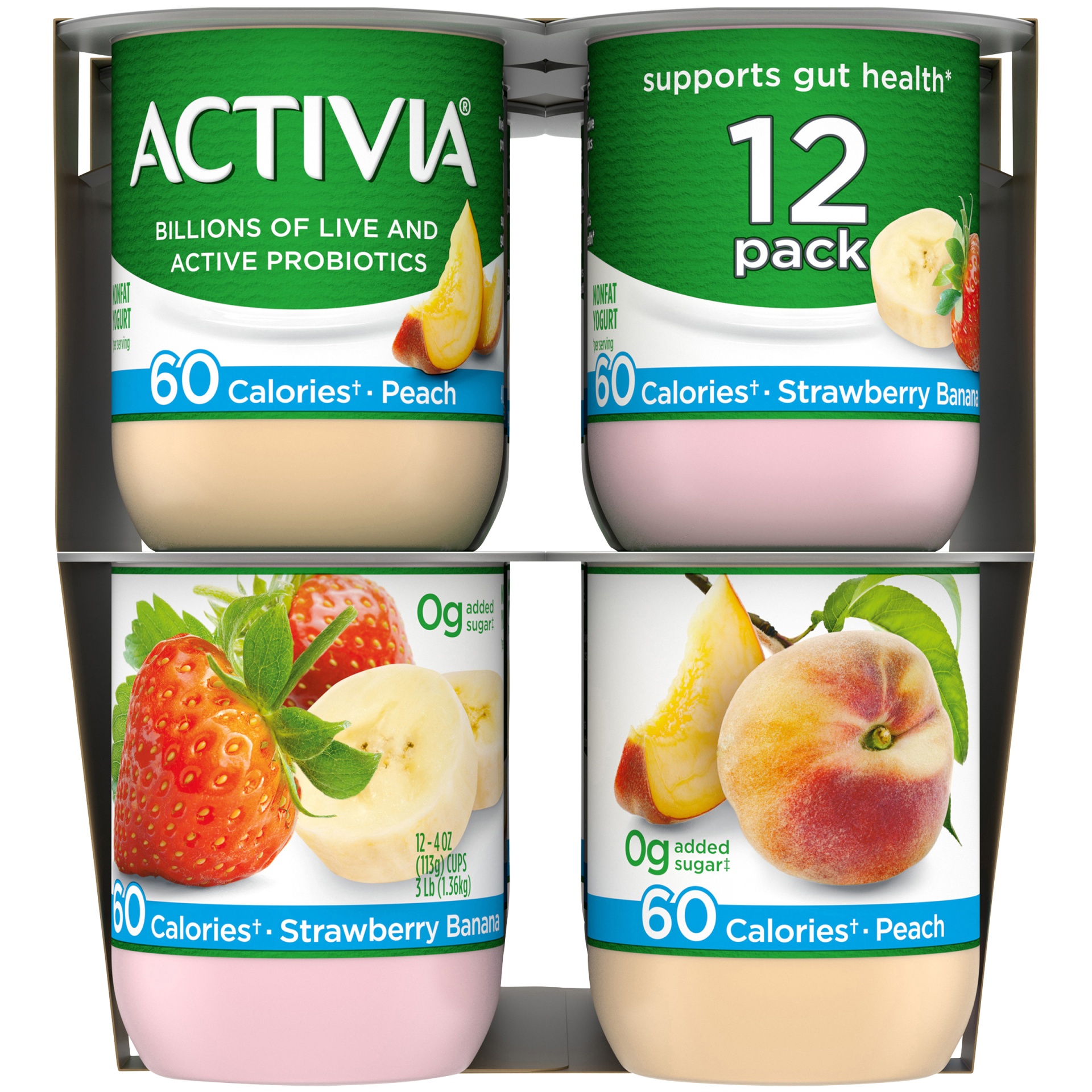 slide 3 of 7, Activia Nonfat Probiotic Strawberry Banana & Peach Variety Pack Yogurt Cups, 4 oz