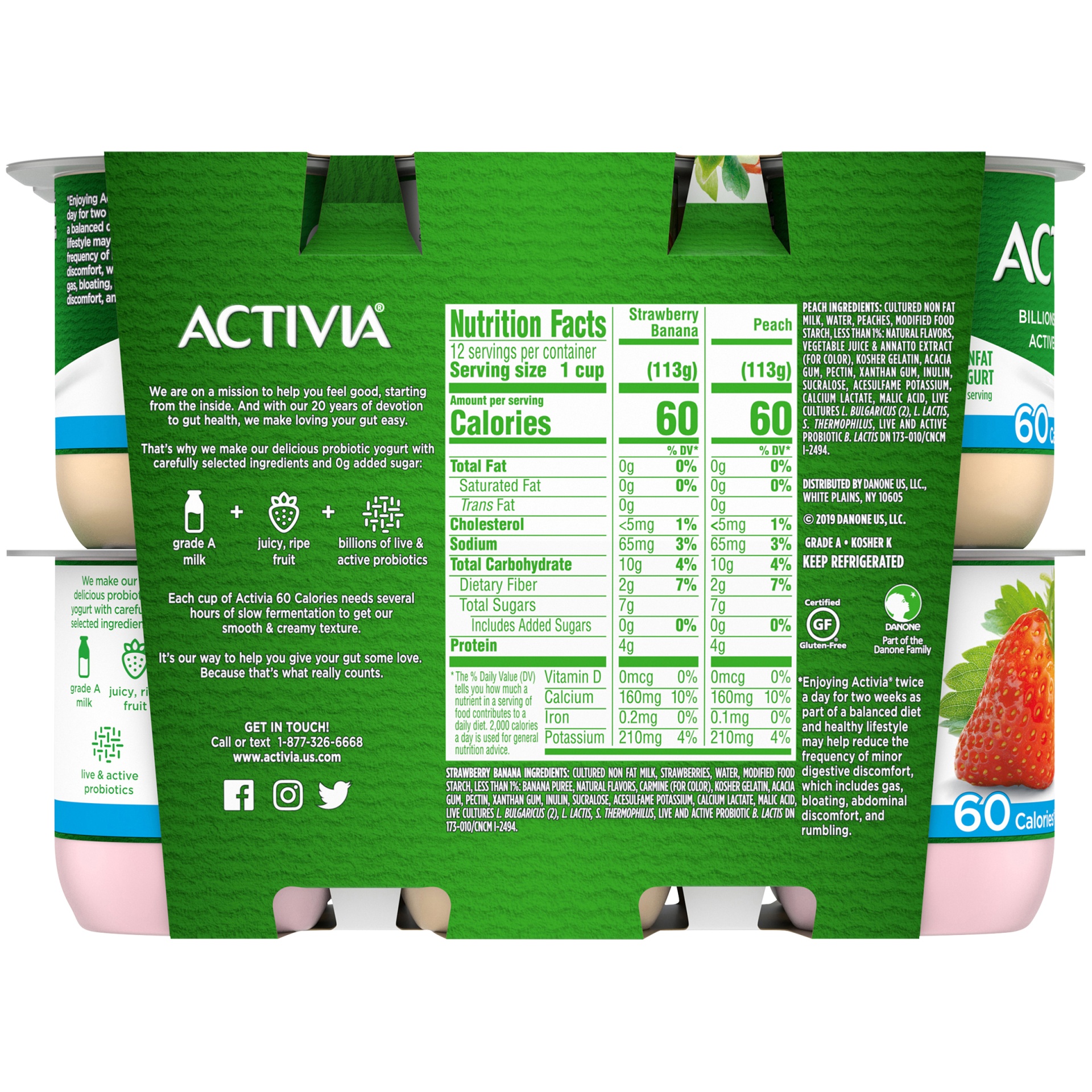 slide 4 of 7, Activia Nonfat Probiotic Strawberry Banana & Peach Variety Pack Yogurt Cups, 4 oz