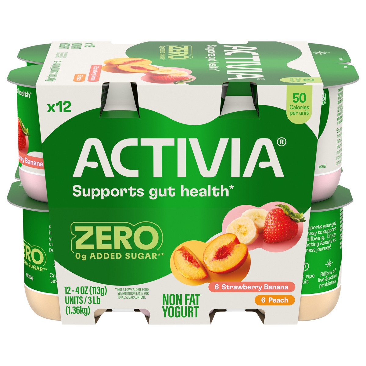 slide 1 of 5, Activia Zero 0g Added Sugar* Strawberry Banana and Peach Probiotic Yogurt, Nonfat Yogurt Cups, 4 OZ, 12 Ct, 12 ct