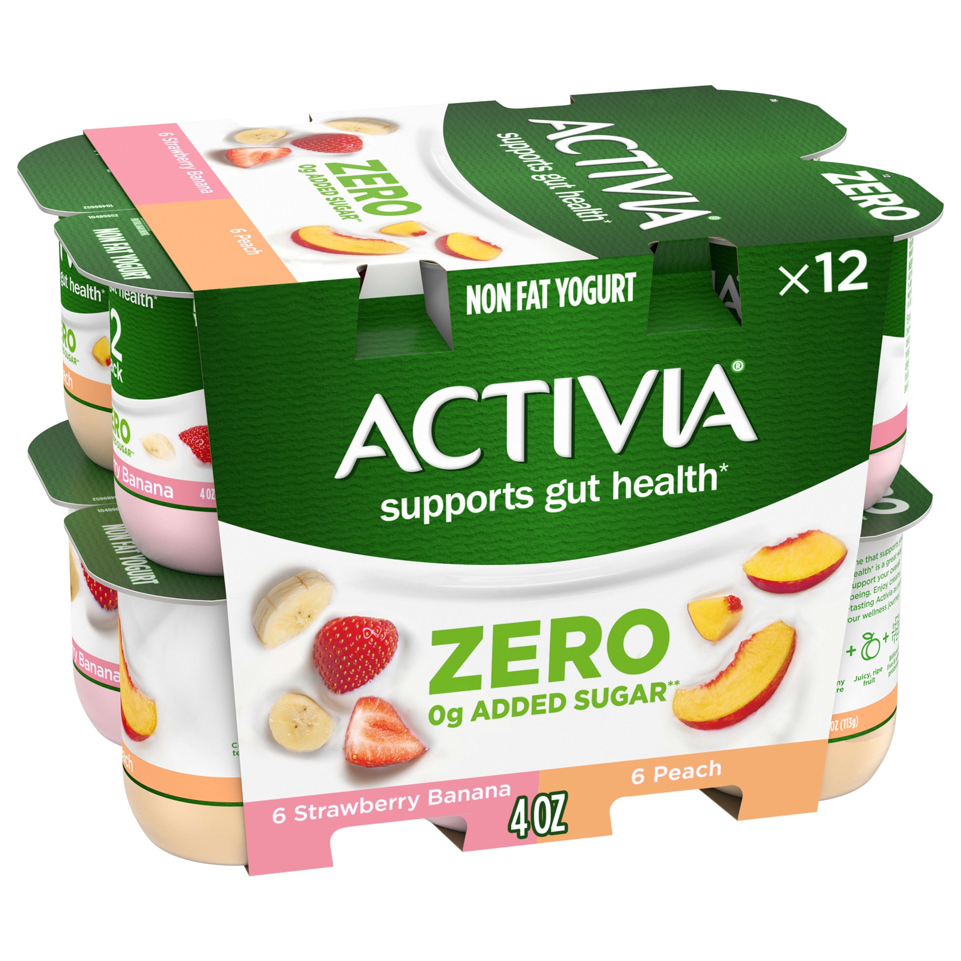 slide 1 of 5, Activia Zero 0g Added Sugar* Strawberry Banana and Peach Probiotic Yogurt, Creamy and Delicious Nonfat Yogurt, 12 Ct, 4 OZ Yogurt Cups, 12 ct; 4 oz