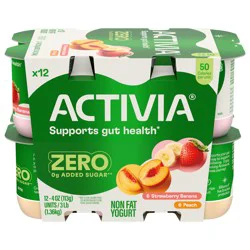 Activia Zero 0g Added Sugar* Strawberry Banana and Peach Probiotic Yogurt, Nonfat Yogurt Cups, 4 OZ, 12 Ct