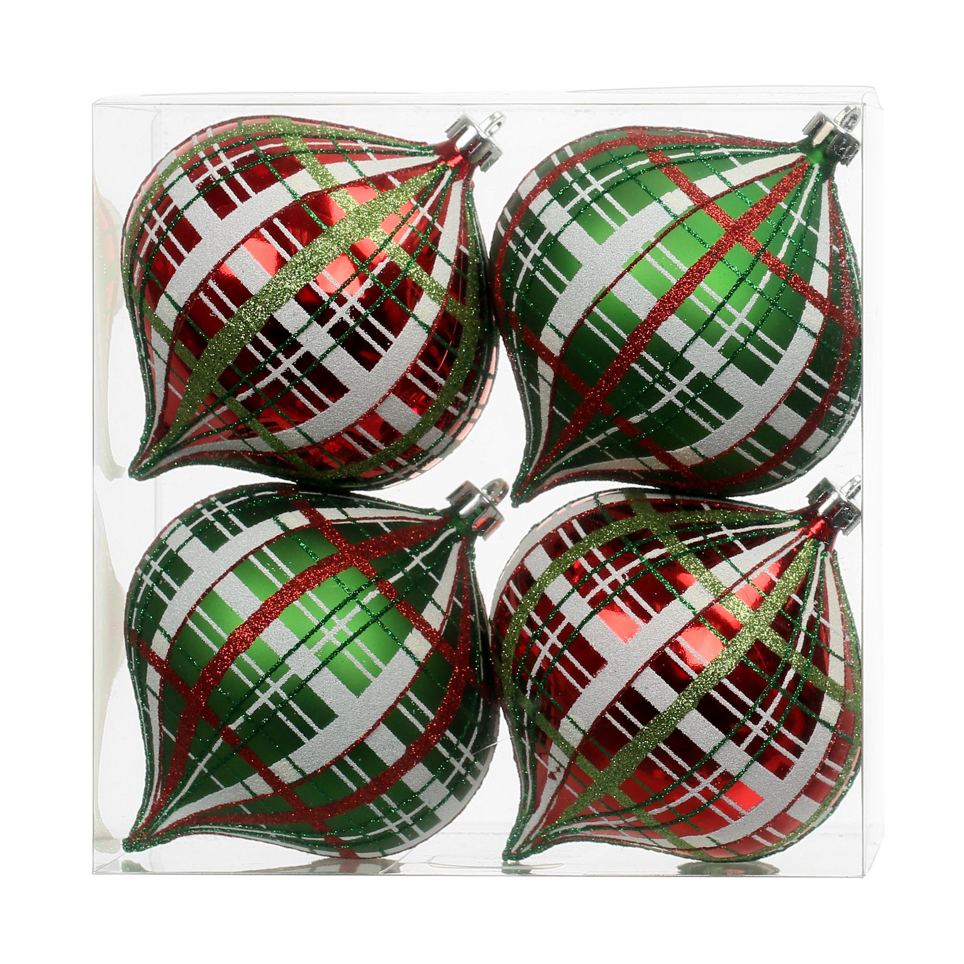 slide 2 of 3, 4 Pack 4.7" Red & Green Glitter Plaid Shatterproof Onion Ornaments By Ashland, 4 ct