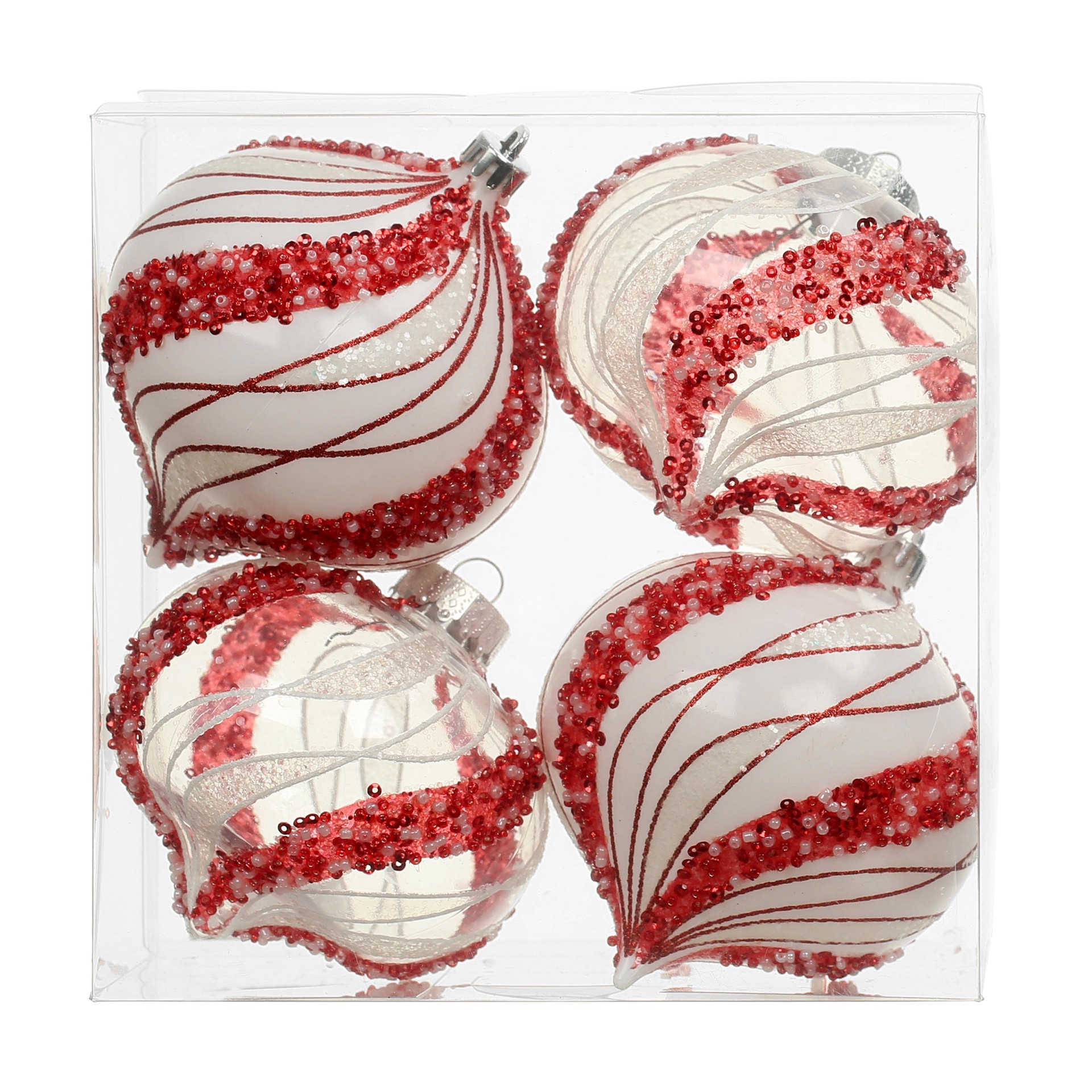 slide 3 of 3, 4 Pack 4.7" Red & White Beaded Wavy Stripes Shatterproof Onion Ornaments By Ashland, 4 ct