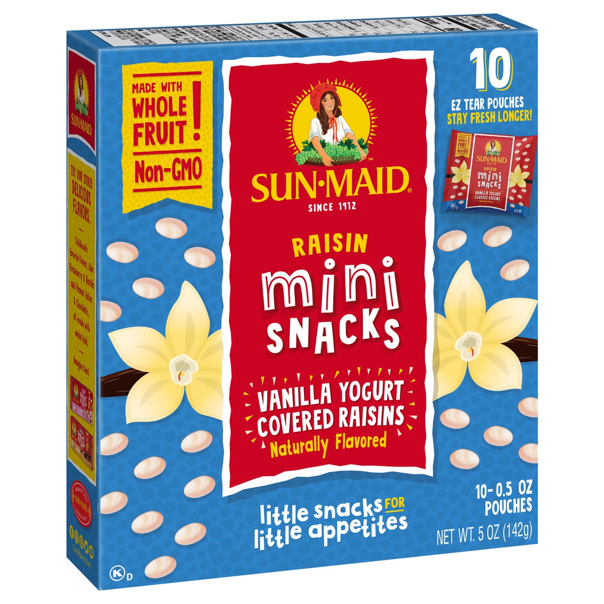 slide 9 of 9, Sun-Maid Mini Snacks Vanilla Yogurt Covered Raisins 10-Count Box/.5oz Pouches, 10 ct; 0.5 oz