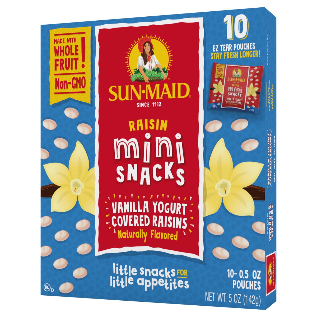 slide 3 of 9, Sun-Maid Mini Snacks Vanilla Yogurt Covered Raisins 10-Count Box/.5oz Pouches, 10 ct; 0.5 oz