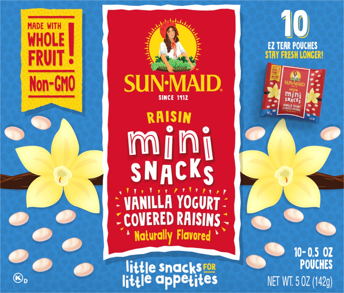 slide 5 of 9, Sun-Maid Mini Snacks Vanilla Yogurt Covered Raisins 10-Count Box/.5oz Pouches, 10 ct; 0.5 oz
