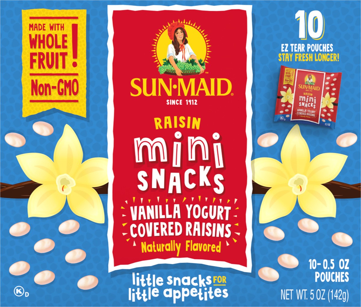 slide 4 of 9, Sun-Maid Mini Snacks Vanilla Yogurt Covered Raisins 10-Count Box/.5oz Pouches, 10 ct; 0.5 oz