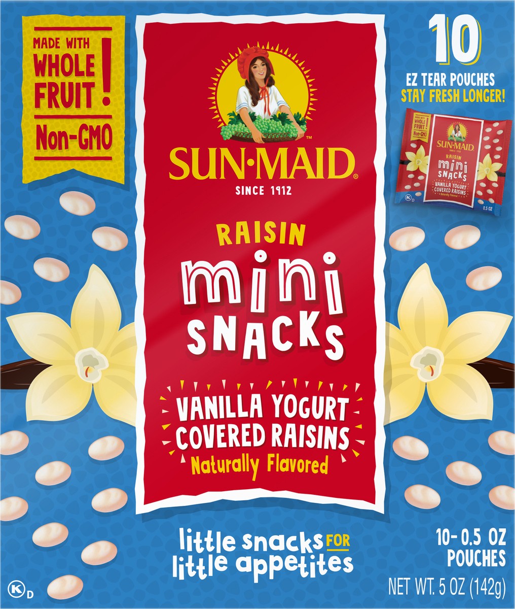 slide 3 of 9, Sun-Maid Mini Snacks Vanilla Yogurt Covered Raisins 10-Count Box/.5oz Pouches, 10 ct; 0.5 oz