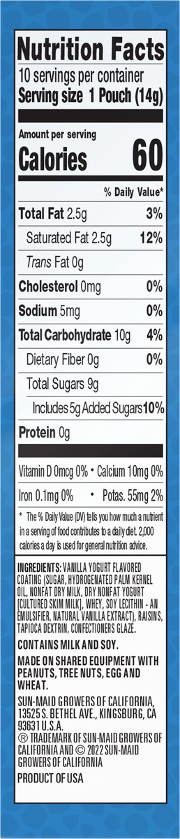 slide 9 of 9, Sun-Maid Mini Snacks Vanilla Yogurt Covered Raisins 10-Count Box/.5oz Pouches, 10 ct; 0.5 oz