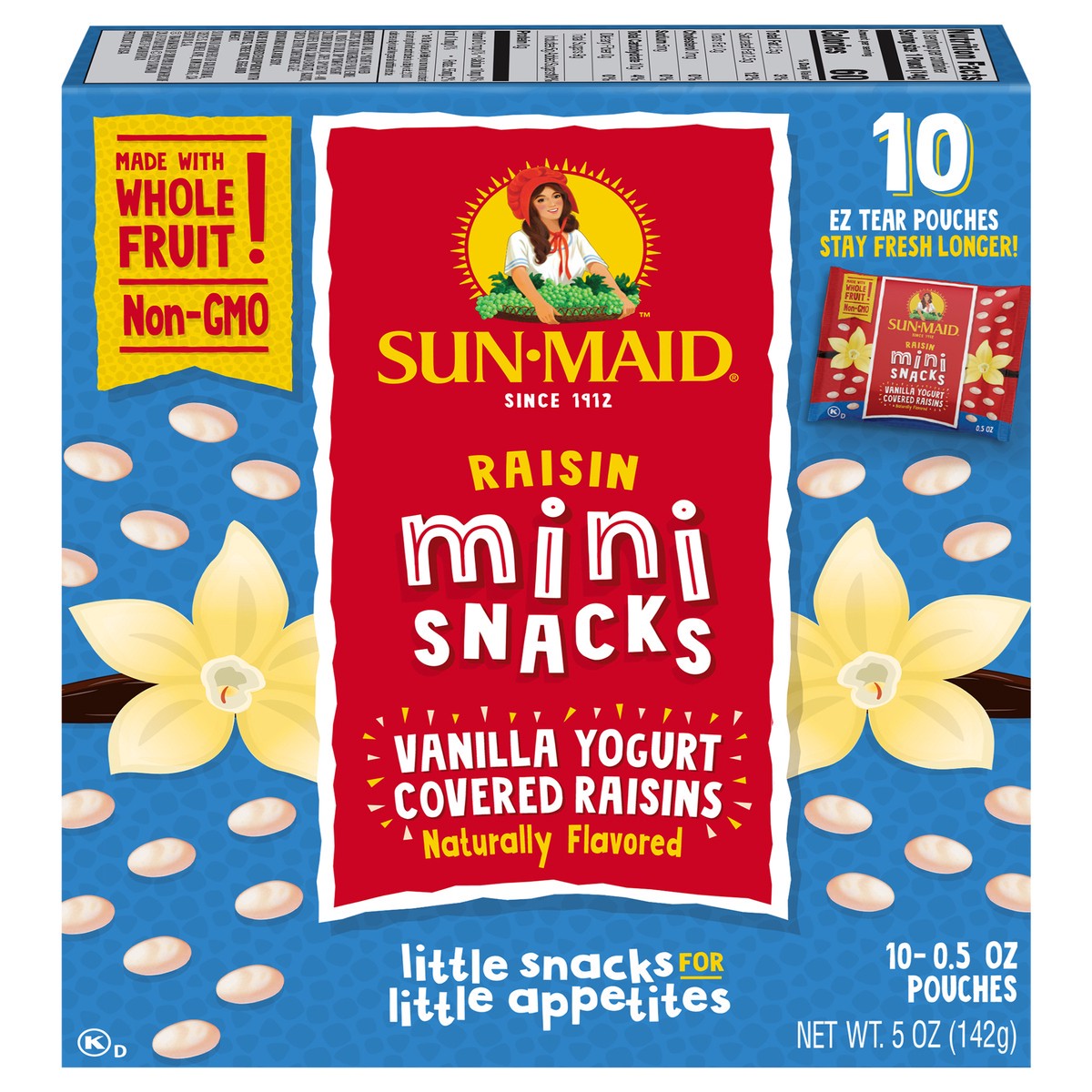 slide 1 of 9, Sun-Maid Mini Snacks Vanilla Yogurt Covered Raisins 10-Count Box/.5oz Pouches, 10 ct; 0.5 oz