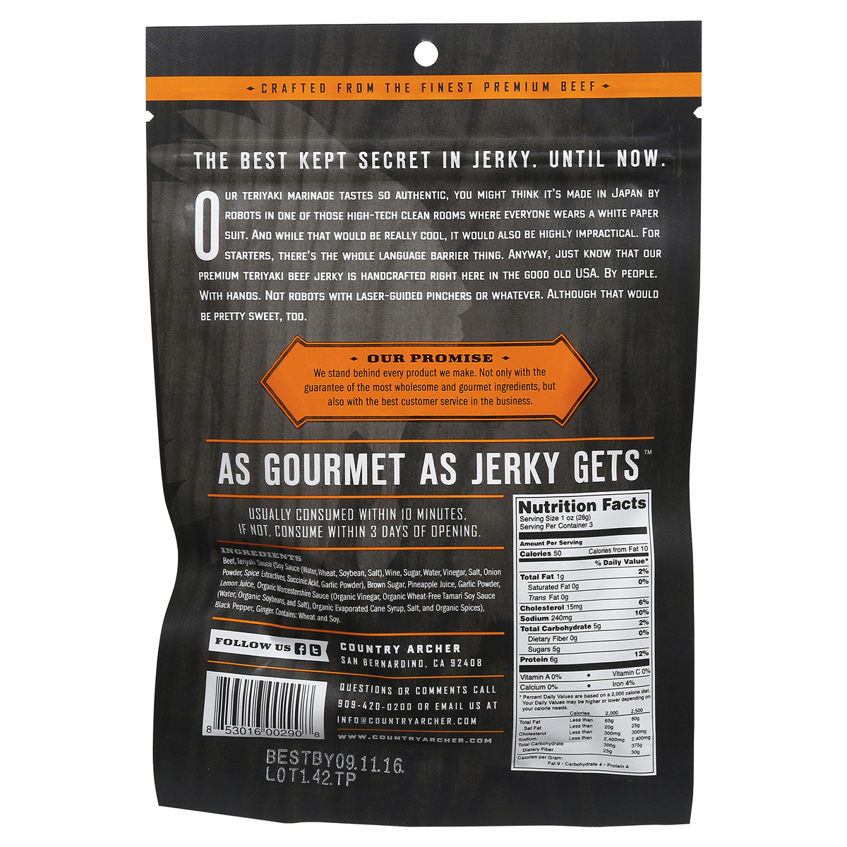 slide 2 of 2, Country Archer All Natural Grass Fed Teriyaki Beef Jerky, 3 oz