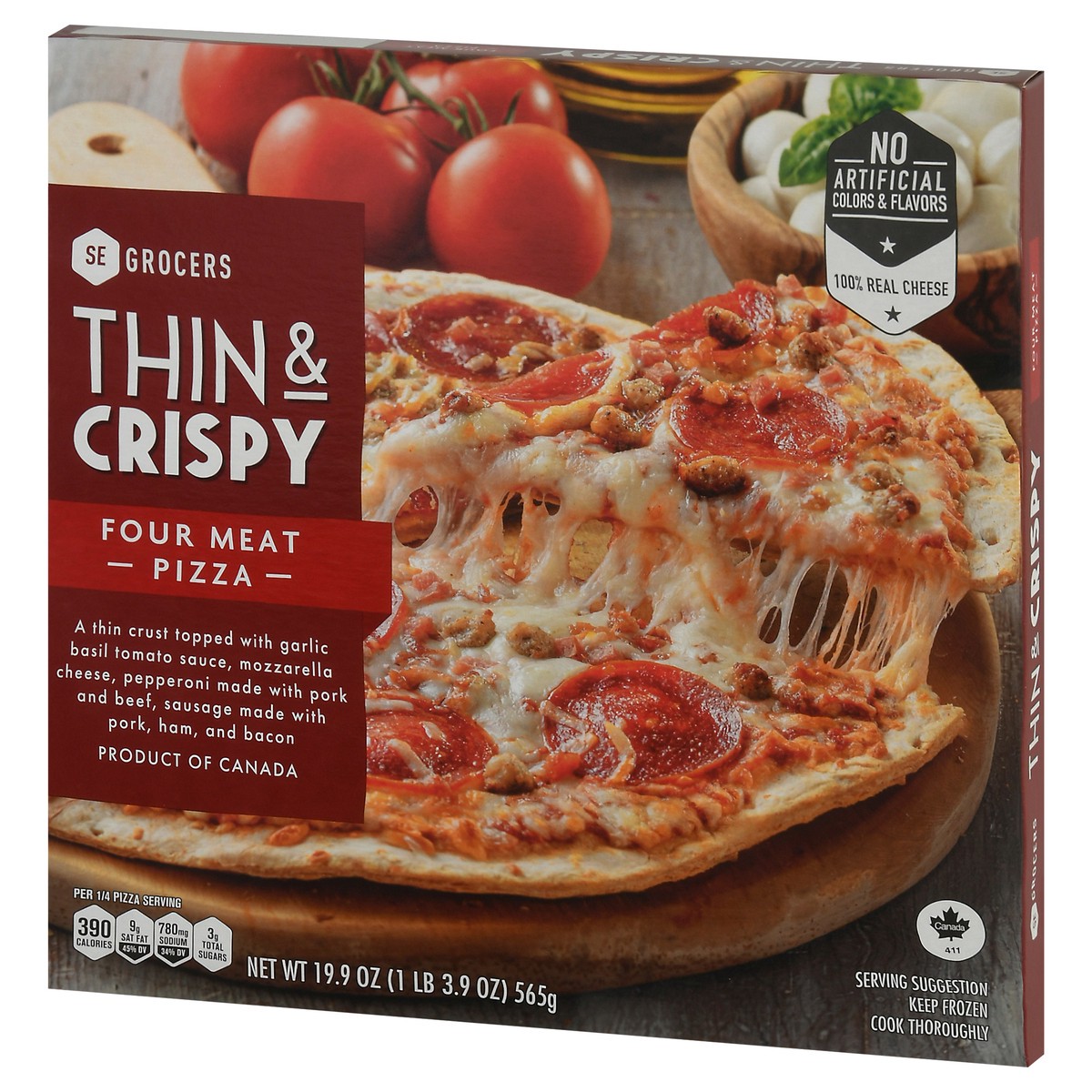 slide 6 of 14, Se Grocers Thin Crst 4Meat Pza, 19.9 oz