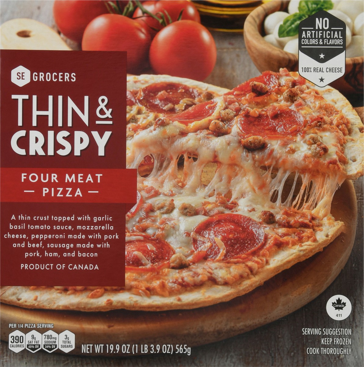 slide 11 of 14, Se Grocers Thin Crst 4Meat Pza, 19.9 oz