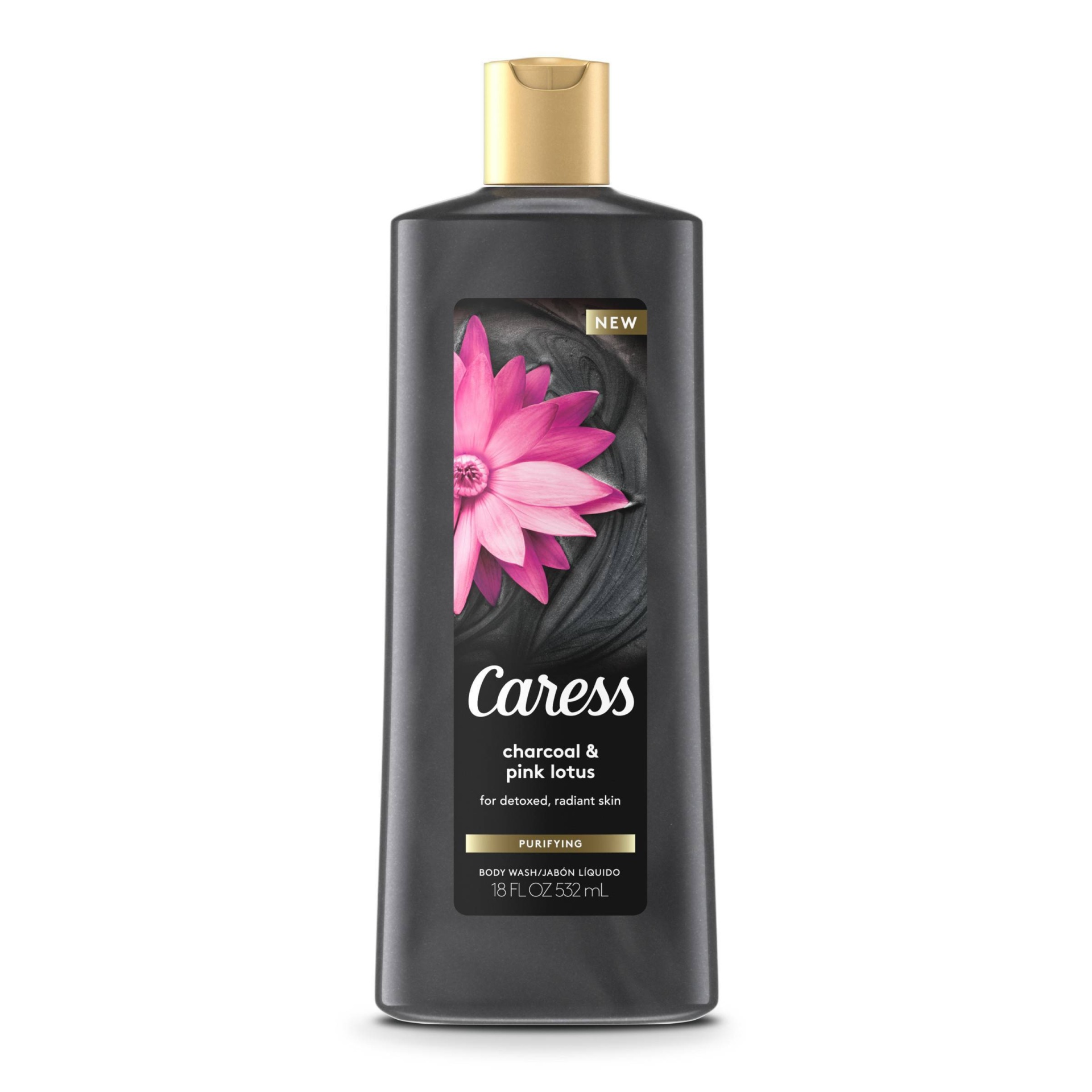 slide 1 of 1, Caress Charcoal + Pink Lotus Body Wash, 18 fl oz