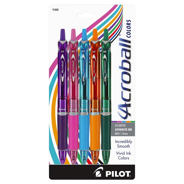 slide 1 of 1, Pilot Acroball Colors Advanced Ink Retractable Pen, Medium Point, Assorted Ink, 5 ct