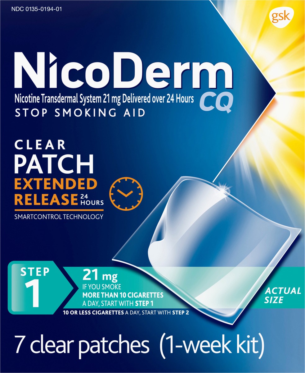 slide 5 of 9, NicoDerm CQ Step 1 Nicotine Patches to Quit Smoking, 21mg, Stop Smoking Aid, 7 Count, 7 ct