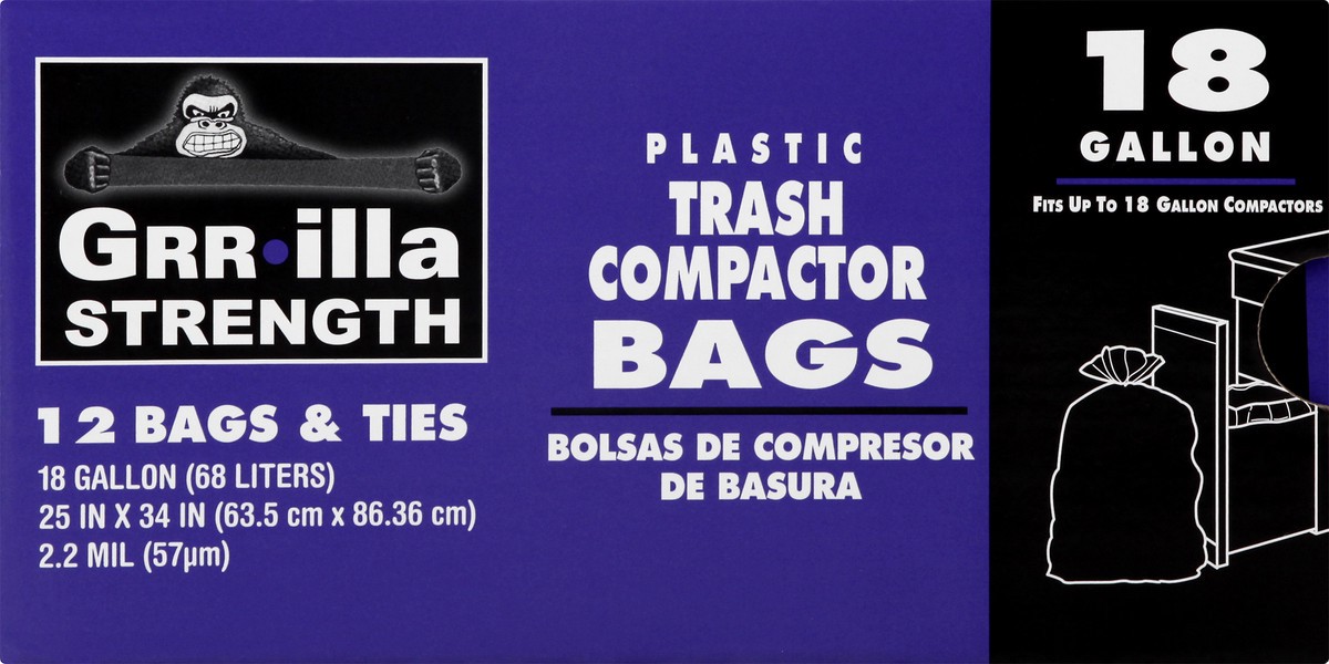 slide 7 of 10, Grrilla Strength 18 Gallon Trash Compactor Plastic Bags & Ties 12 ea, 12 ct