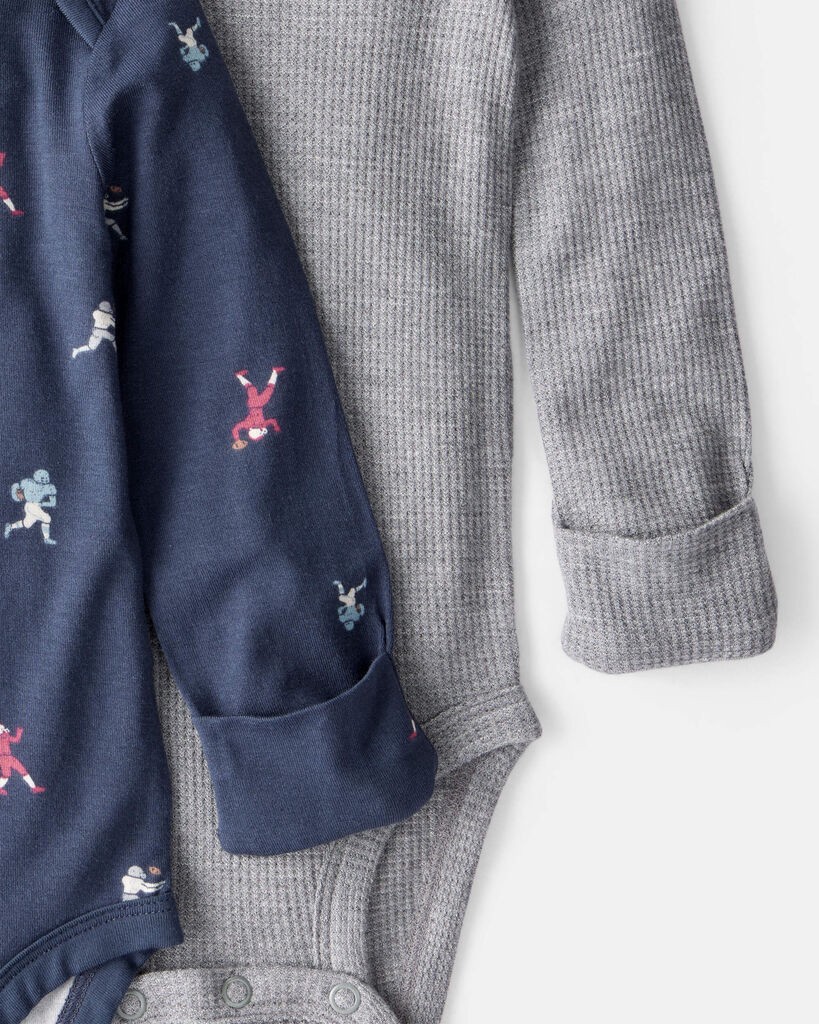 slide 4 of 5, Carter's Carters Baby Boy 2-Piece Football Print PurelySoft Long-Sleeve Multipack Bodysuits - Navy/Grey Navy/Heather 3M, 2 pc