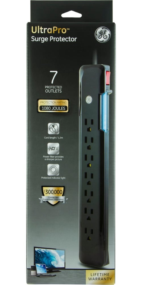 slide 1 of 1, Ge Ultrapro 7-Outlet Surge Protector - Black - 4 Foot, 1 ct