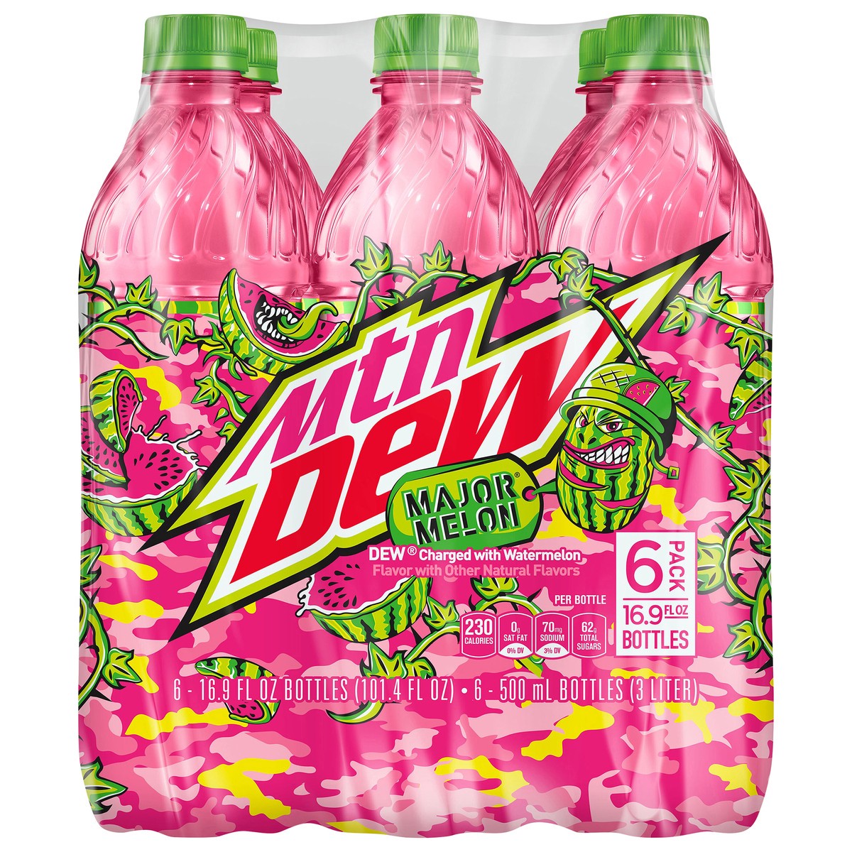 slide 1 of 3, Mountain Dew Major Melon Dew Charged With Watermelon Flavor 16.9 Fl Oz 6 Count Bottles, 6 ct