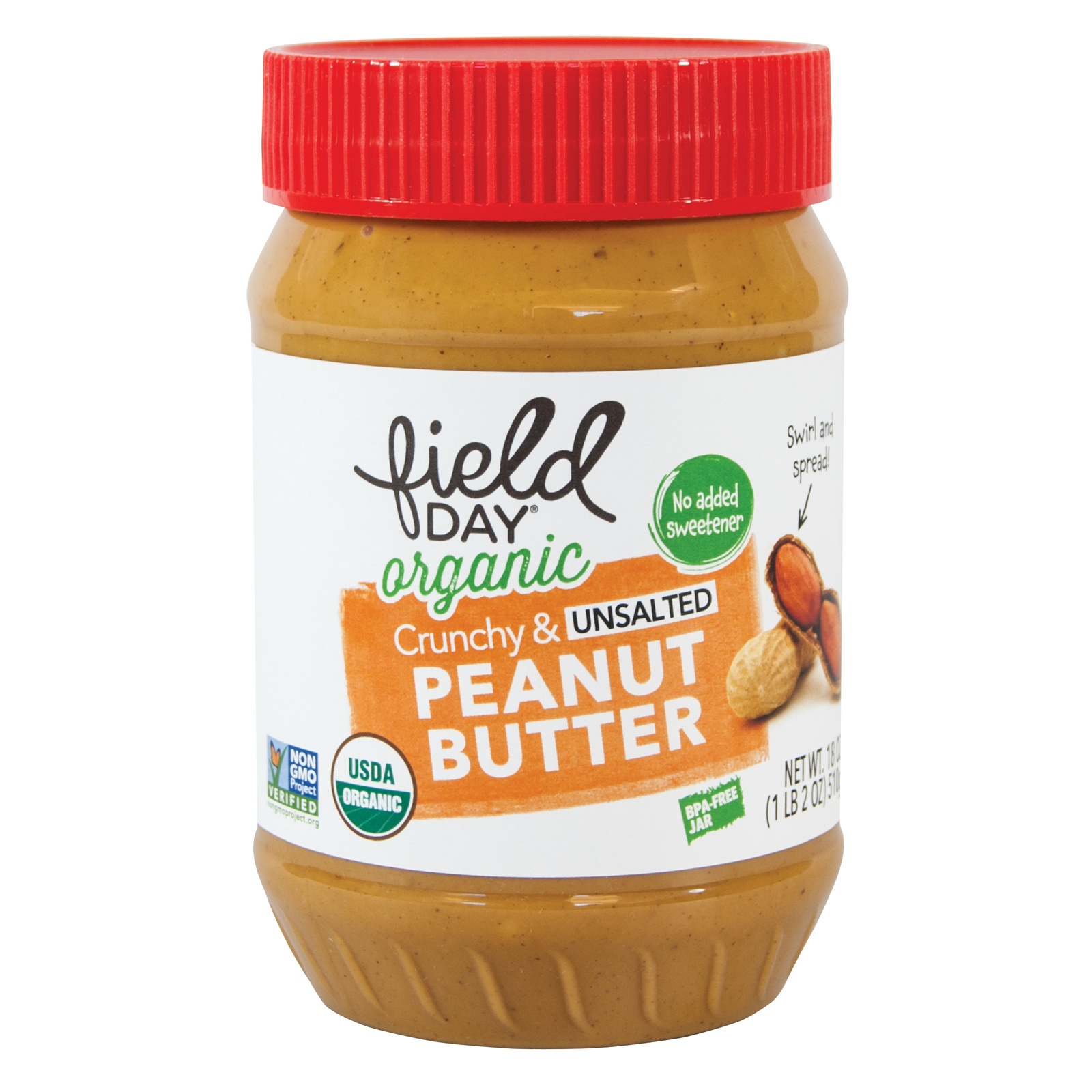 slide 1 of 1, Field Day Organic Peanut Butter Crunchy No Salt, 18 oz