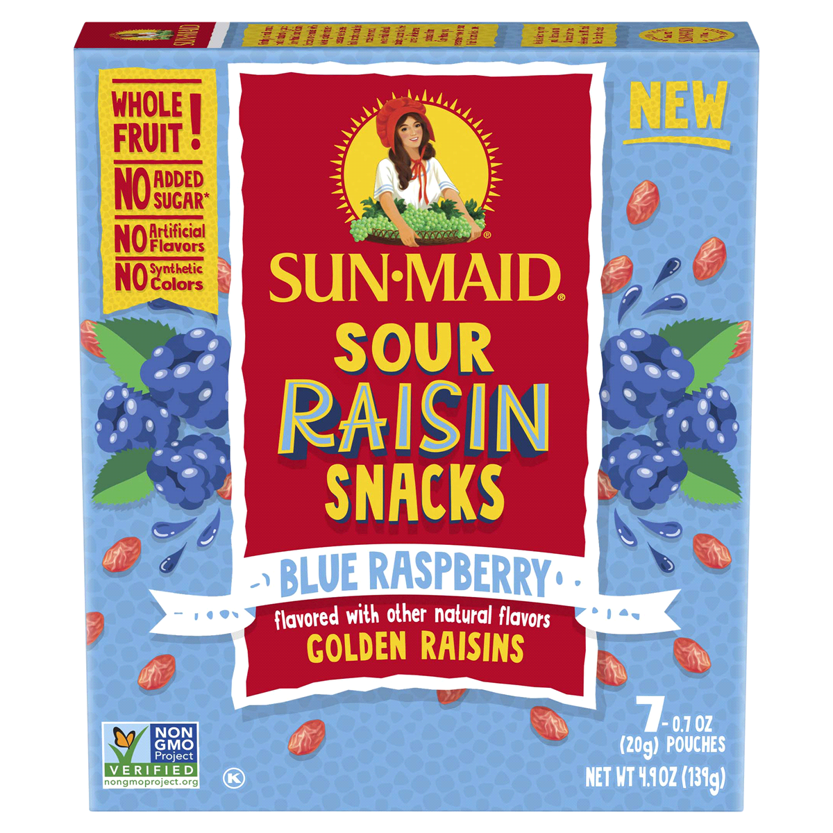 slide 1 of 7, Sun-Maid Fruity Raisin Snacks Sour Blue Raspberry 7-Count Box/.7oz Pouches, 7 ct