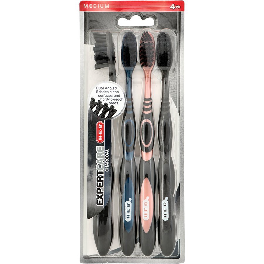 slide 1 of 1, H-E-B Expertcare Charcoal Toothbrush with Replacement Heads - Medium Bristle, 4 ct