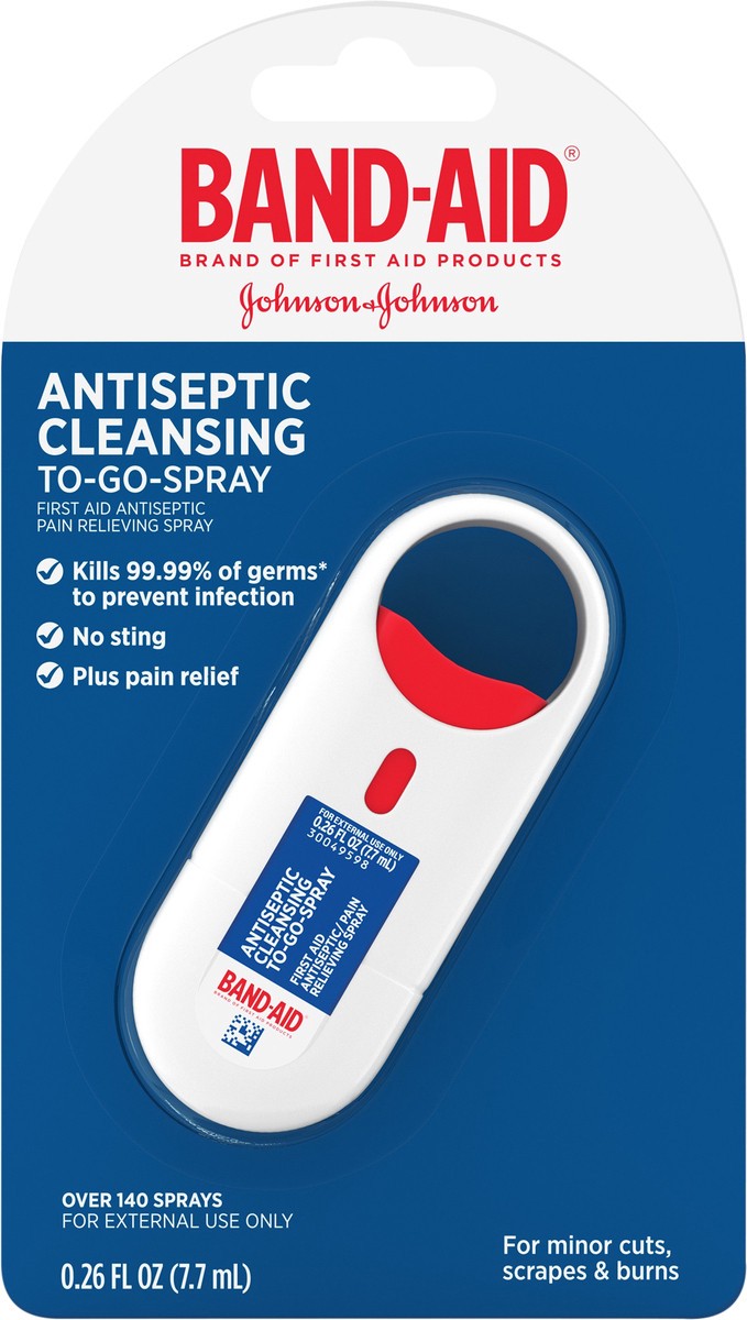 slide 5 of 7, BAND-AID Antiseptic Cleansing To-Go-Spray, First Aid Antiseptic Spray Relieves Pain & Kills Germs Anywhere, Benzalkonium Cl Antiseptic & Pramoxine HCl Topical Analgesic,.26 fl. oz, 0.26 fl oz