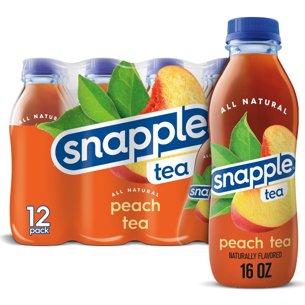 slide 1 of 6, Snapple Peach Tea, 16 fl oz recycled plastic bottle, 12 pack, 12 ct; 16 oz