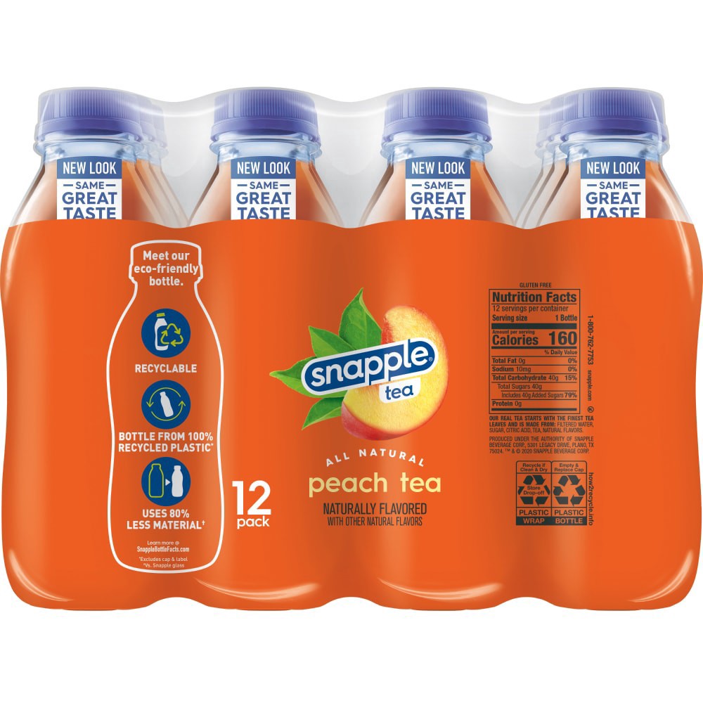 slide 3 of 6, Snapple Peach Tea, 16 fl oz recycled plastic bottle, 12 pack, 12 ct; 16 oz