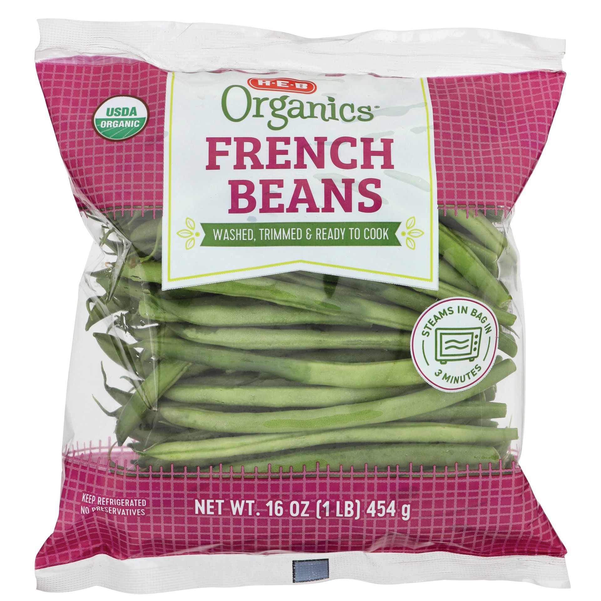 slide 1 of 1, H-E-B Organics Fresh Steamable French Green Beans, 16 oz